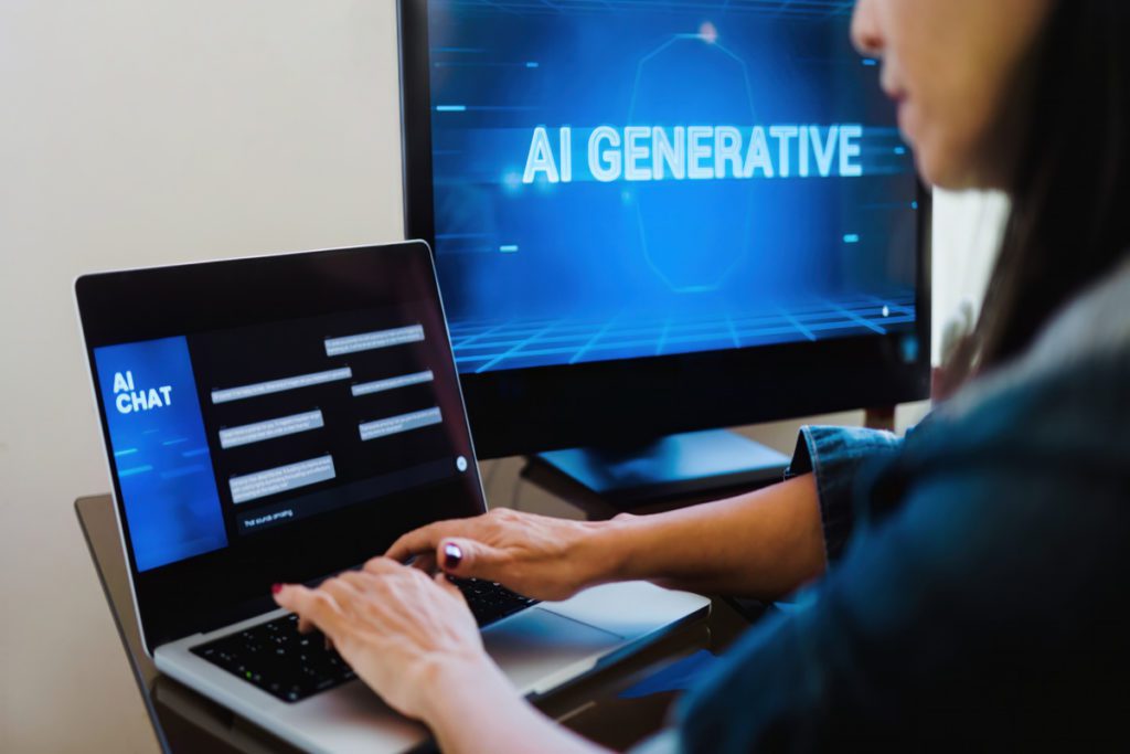 Ai Generative App Woman Chatting With Artificial Intelligence Software In Computer Laptop Technology Trends